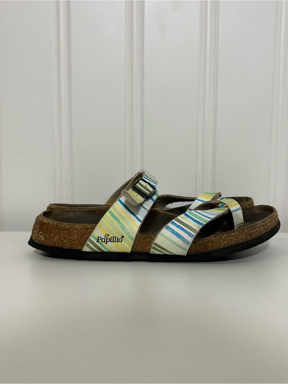 Papillio Birkenstock blue yellow green Striped toe double strap sandals womens 7